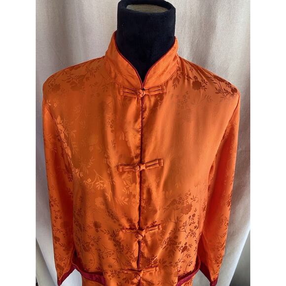 BLOOMINGDALES VINTAGE SILKY ORANGE/RED PAJAMA TOP /JACKET - Picture 2 of 9